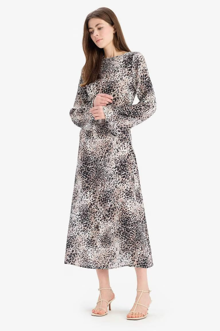 A Cut Ruffle Collar Animal Patterned Midi Dress - -