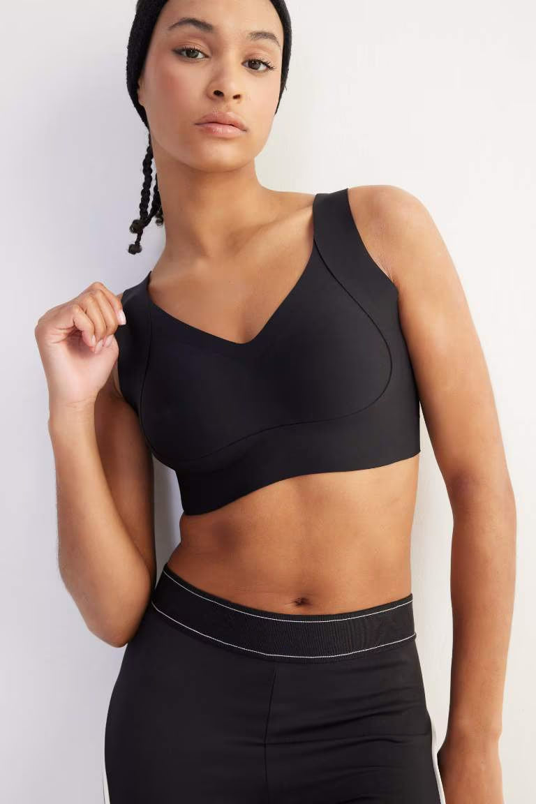 DeFactoFit V Neck Heavy Fabric Sports Bra - - Black