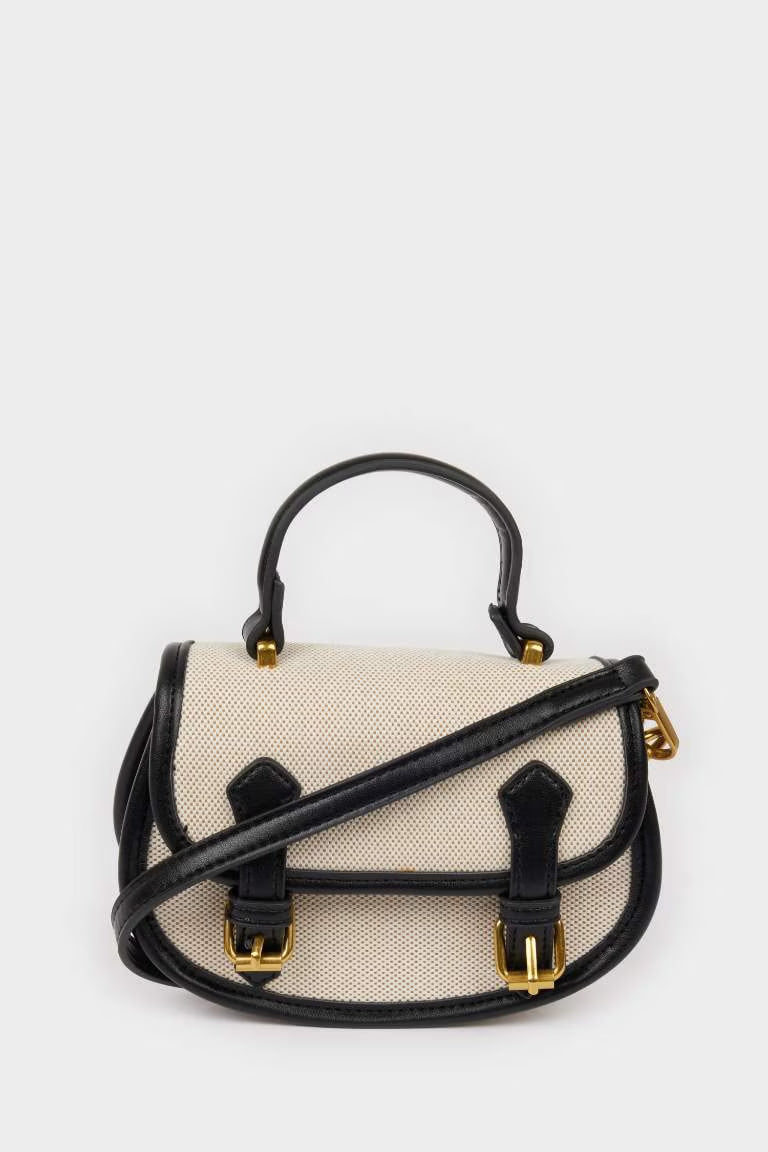 Woman Canvas Look Faux Leather Shoulder Bag - - Beige