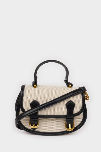 Woman Canvas Look Faux Leather Shoulder Bag - - Beige