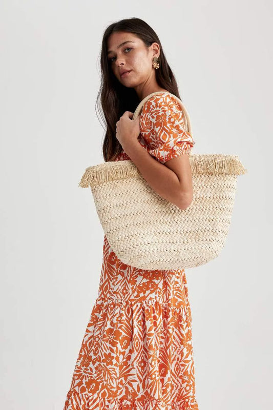 Woman Straw Beach Bag - - Sand