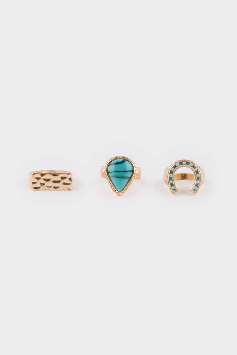 Woman Blue Stone 3 Piece Gold Rings - - Multicolor