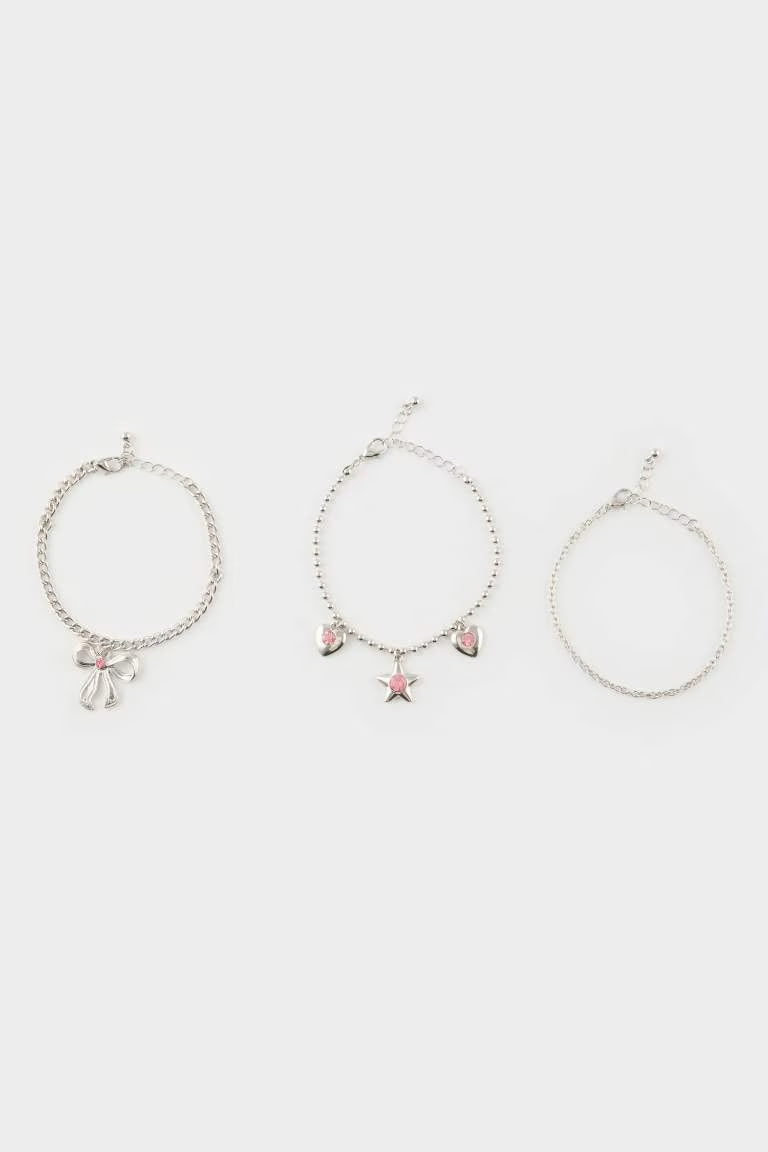 Woman Pink Stone 3 Piece Silver Bracelet - - Silver