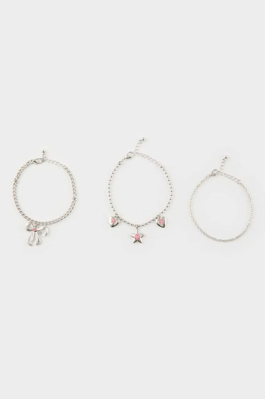 Woman Pink Stone 3 Piece Silver Bracelet - - Silver