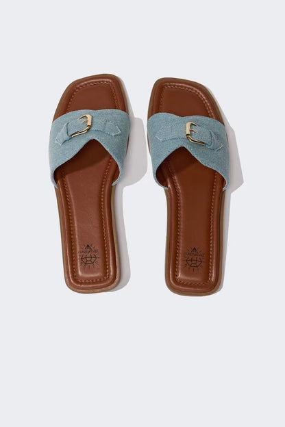 Woman Flat Sole Denim Slippers - - Telesto wash