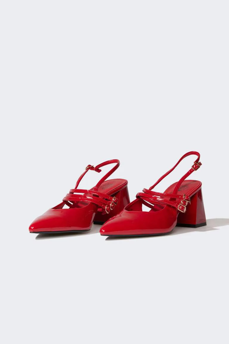Woman Faux Leather Heeled Sandals - - Red