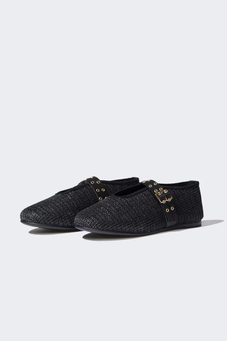 Woman Double Strap Straw Ballerina Flat Shoes - - Black