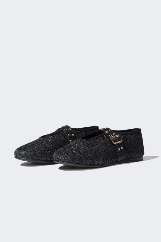 Woman Double Strap Straw Ballerina Flat Shoes - - Black