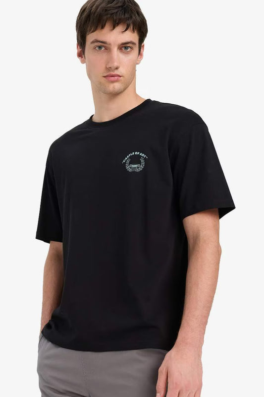 Cotton Boxy Fit Crew Neck Printed T-Shirt - - Black