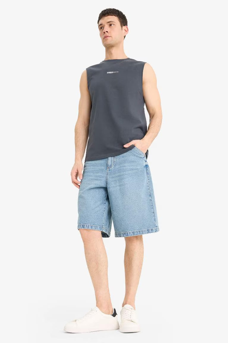 Cotton Regular Fit Printed Crew Neck Tank Top - -