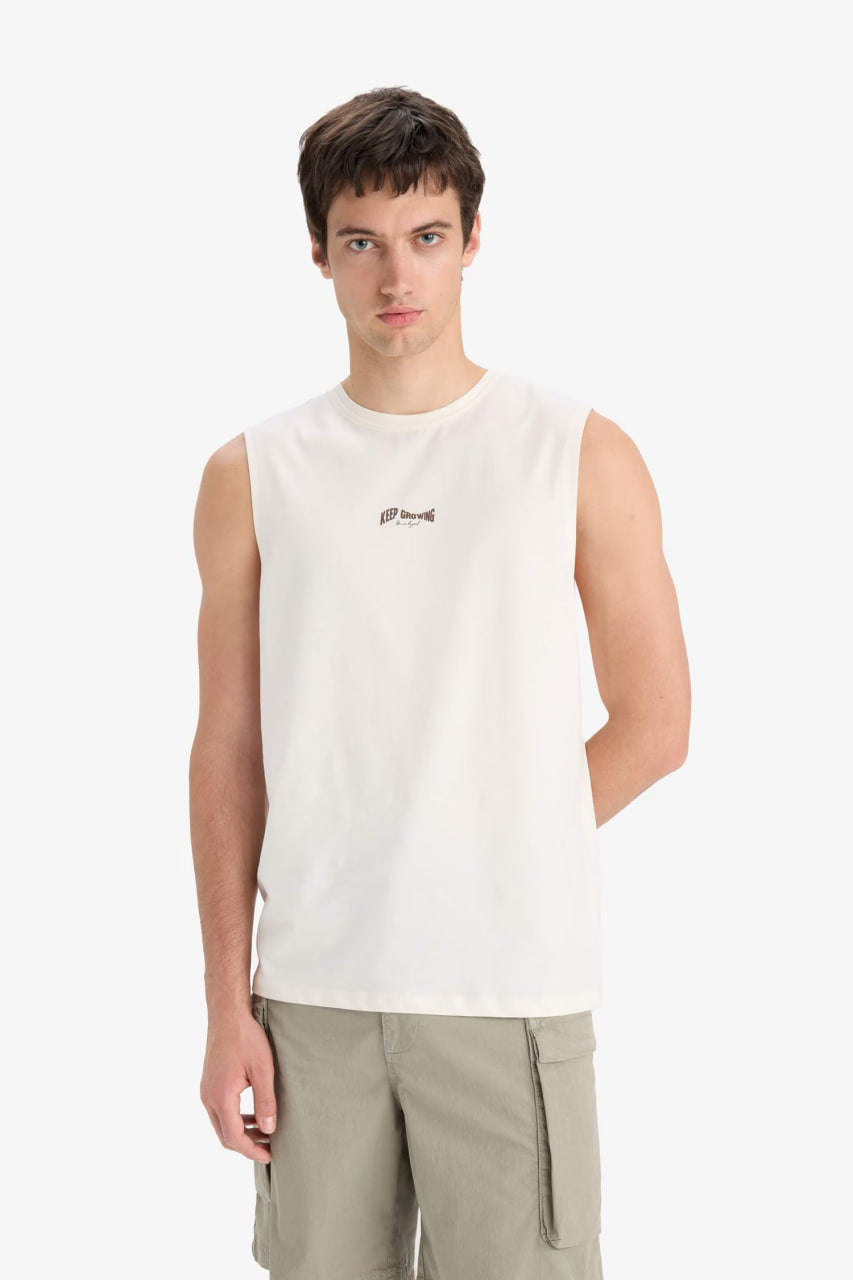 Cotton Regular Fit Printed Crew Neck Tank Top - - Ecru