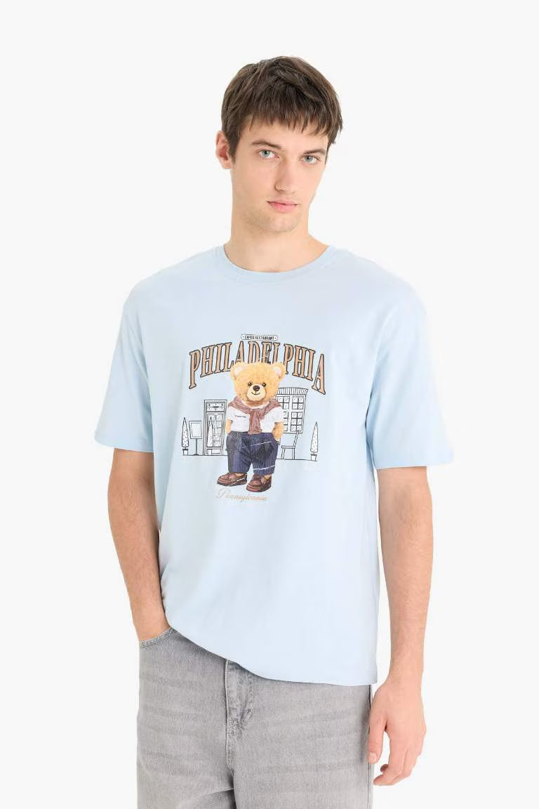 Cotton Boxy Fit Crew Neck Printed T-shirt - - sky