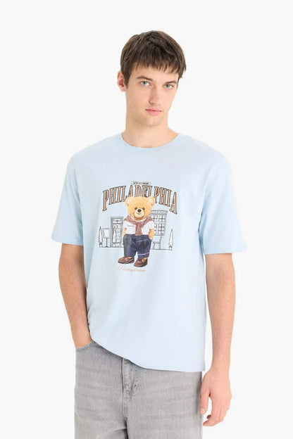 Cotton Boxy Fit Crew Neck Printed T-shirt - - sky