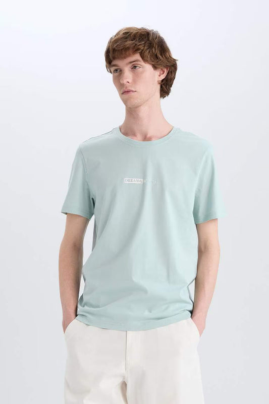 Cotton Slim Fit Crew Neck Printed T-Shirt - - sky