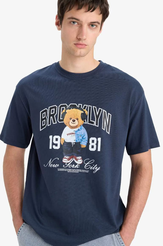 Cotton Boxy Fit Crew Neck Printed T-Shirt - - Navy