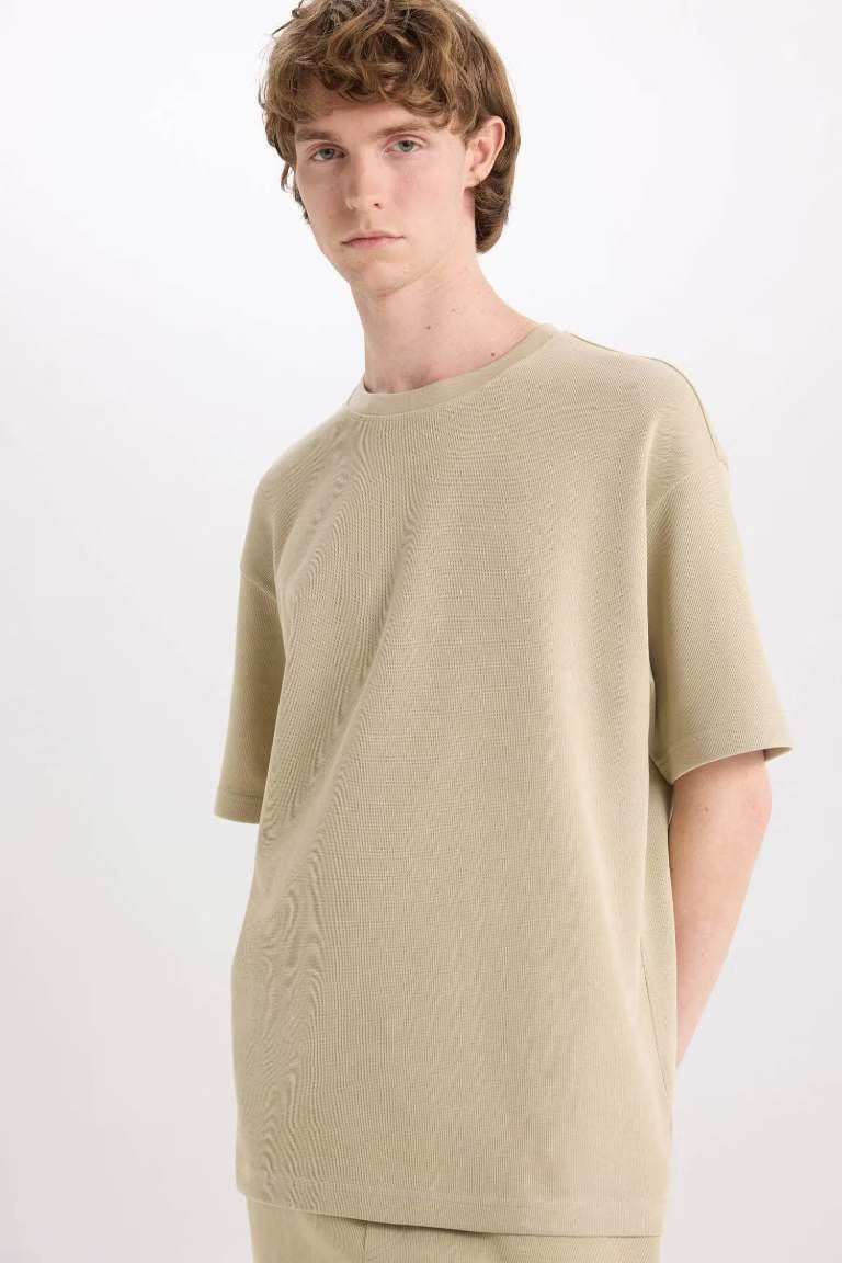 Cotton Boxy Fit Crew Neck Short Sleeve T-Shirt - - Light Khaki