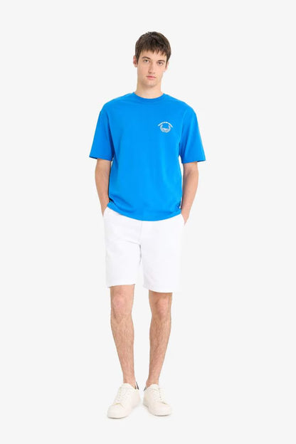 Boxy Fit Crew Neck Back Printed Cotton T-Shirt - - Blue