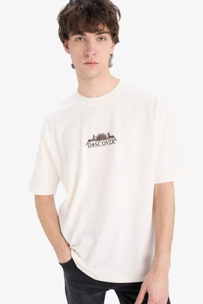 Oversize Fit Crew Neck Back Printed Short Sleeve T-Shirt - - Ecru