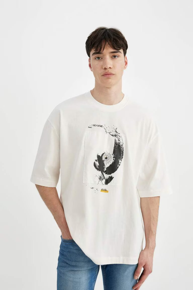 Loose Fit Crew Neck Printed T-Shirt - - Ecru