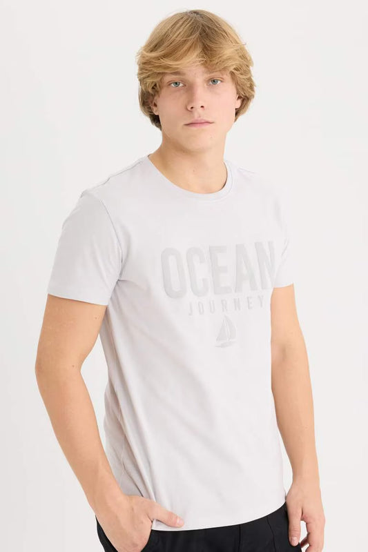 Slim Fit Crew Neck Printed Short Sleeve T-Shirt - - Heather