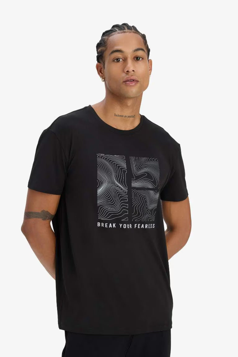 DeFactoFit Standard Fit Crew Neck Printed Sports T-Shirt - - Black