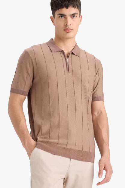 Standard Fit Knit Short Sleeve Polo T-Shirt - - Brown