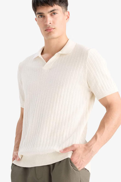 Standard Fit Short Sleeve Knitwear Cotton Polo T-Shirt - - Ecru