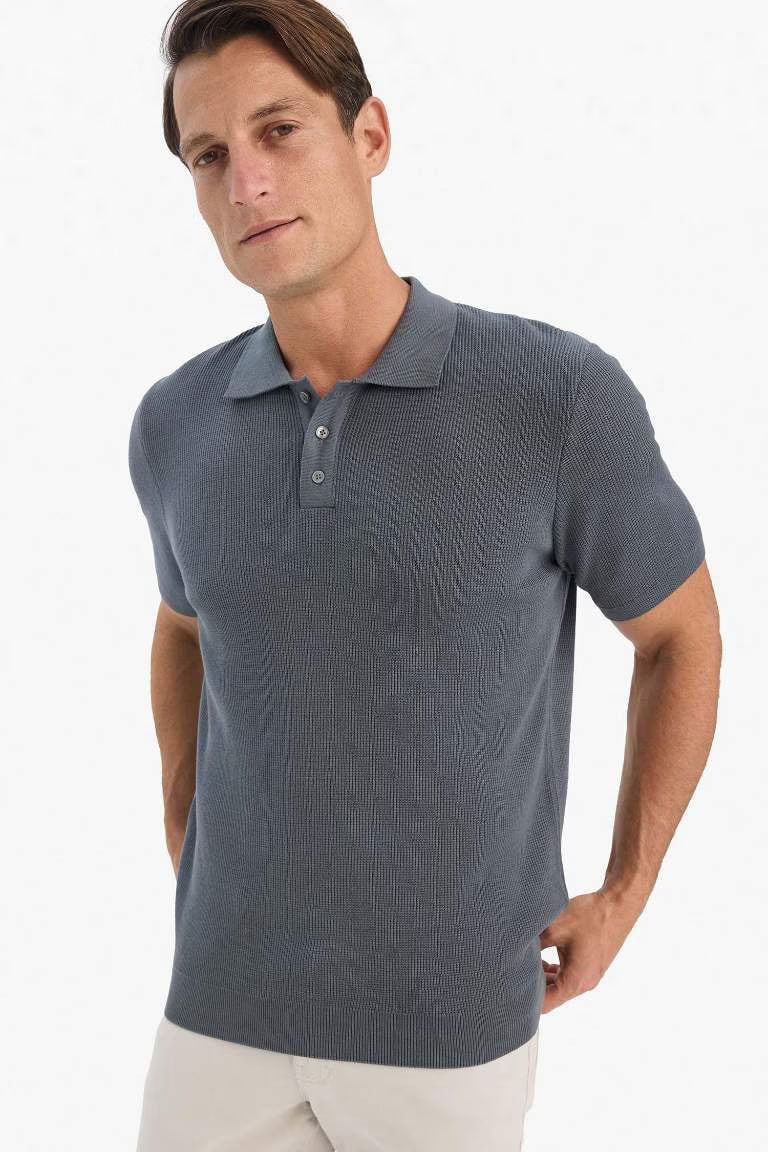 Standard Fit Short Sleeve Knitwear Cotton Polo T-Shirt - - anthracite