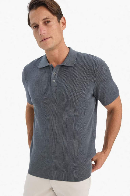 Standard Fit Short Sleeve Knitwear Cotton Polo T-Shirt - - anthracite