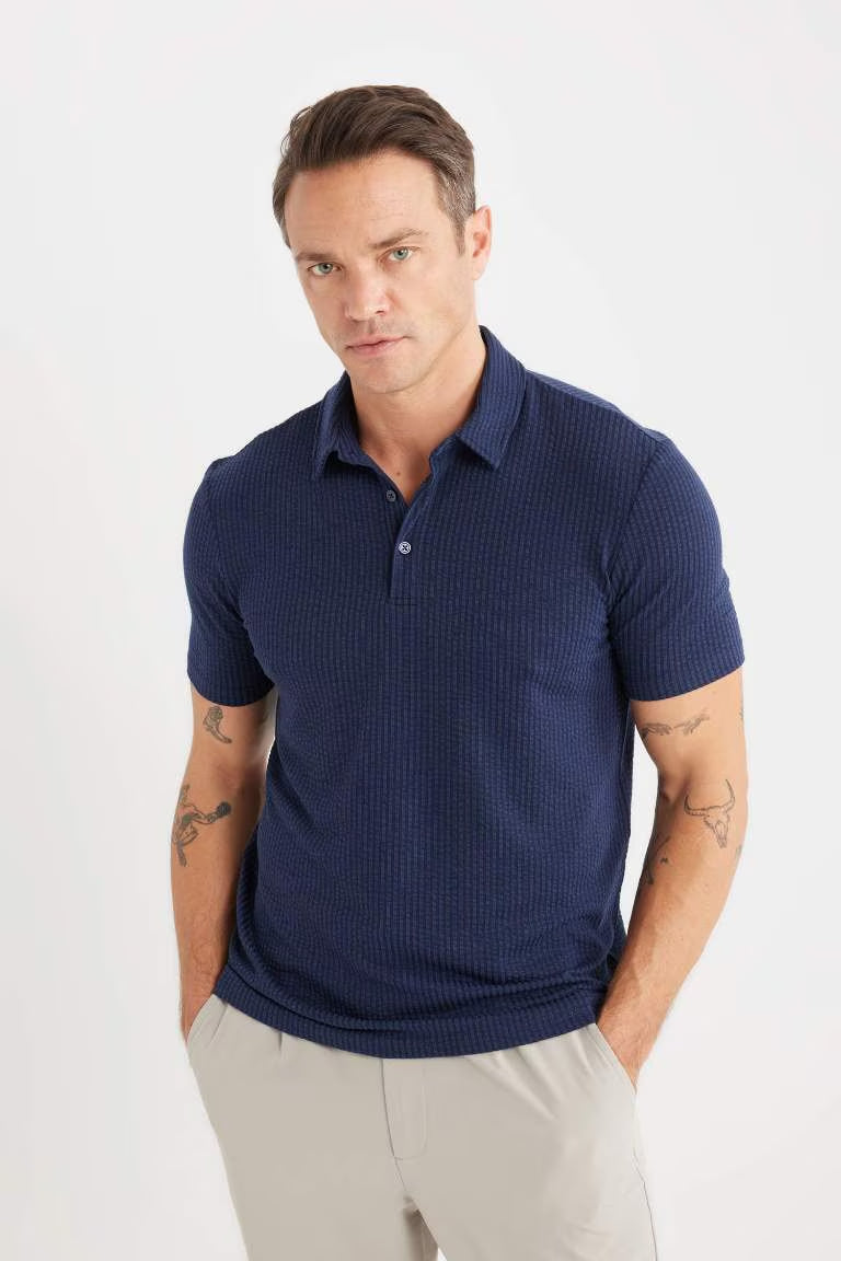Slim Fit Cotton Short Sleeve Polo T-Shirt - - Navy