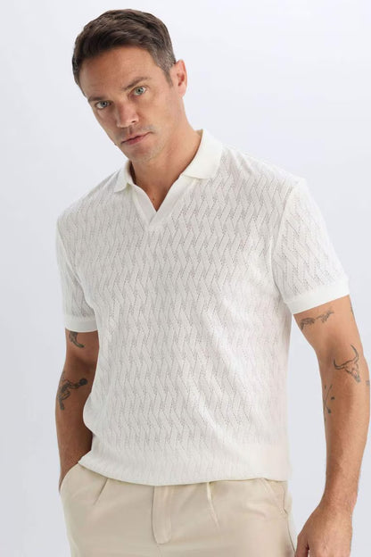 Regular Fit Knitting Look Polo T-Shirt - - White