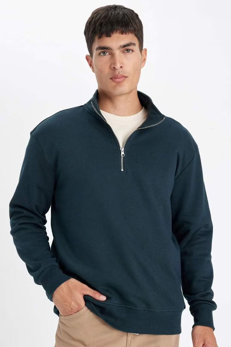 Comfort Regular Fit Relaxed Fit Zippered Basic Sweatshirt - - olive green