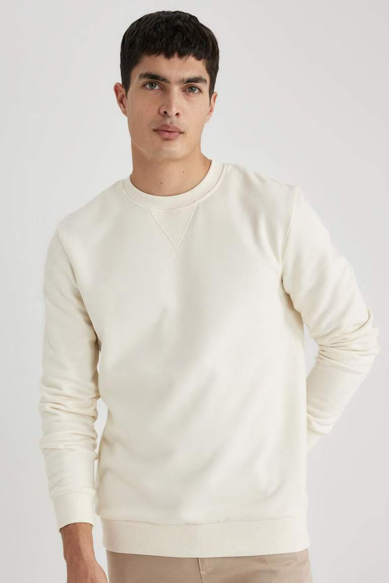 Regular Fit Crew Neck Basic Thick Sweatshirt - - Ecru