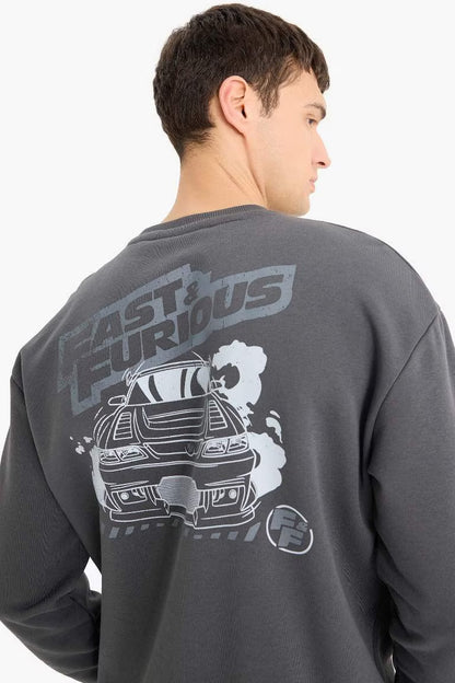 Fast & Furious Boxy Fit Crew Neck Printed Thick Sweatshirt - -