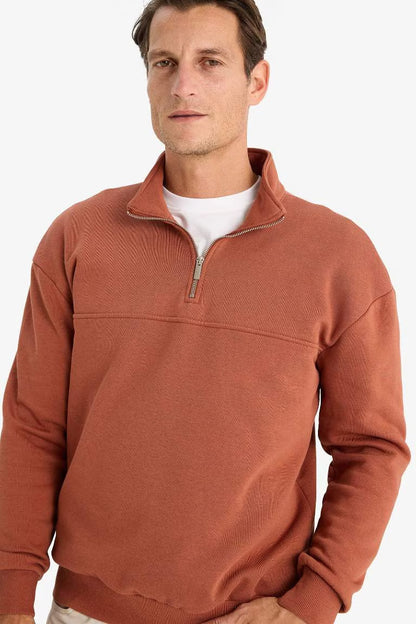 Relax Fit Stand Collar Zippered Basic Thick Sweatshirt - - Light brown