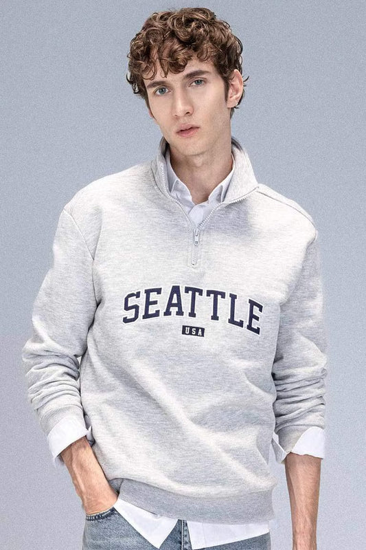 Relax Fit Zippered Stand Collar Printed Thick Sweatshirt - - Heather