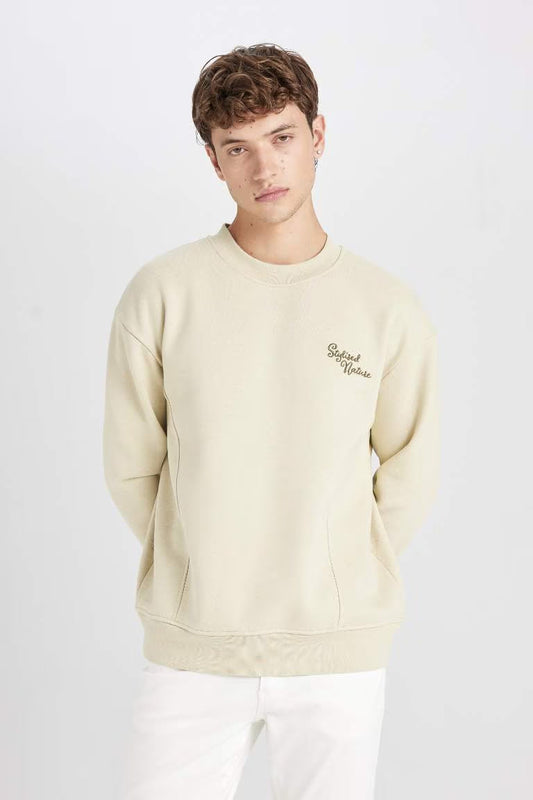 Boxy Fit Crew Neck Back Printed Sweatshirt - - stone