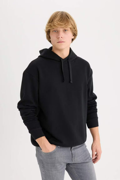 Boxy Fit Hooded Basic Sweatshirt - -