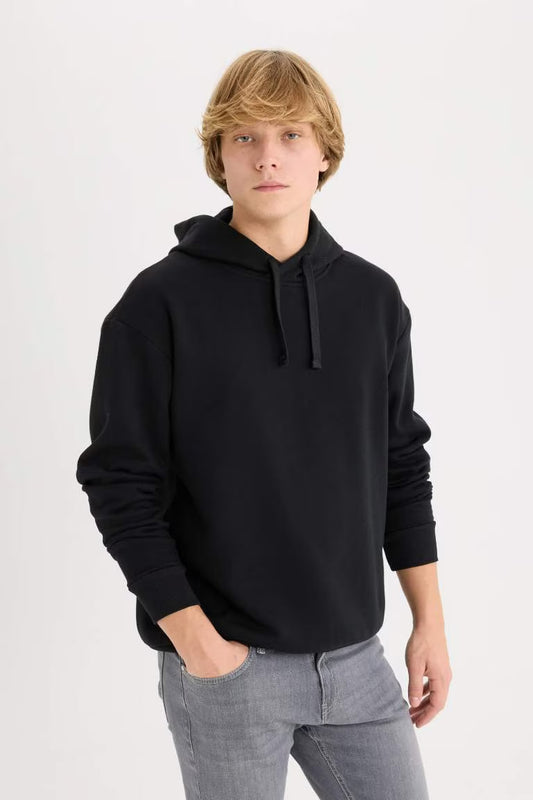Boxy Fit Hooded Basic Sweatshirt - -