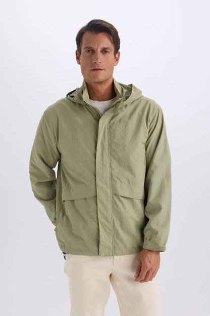 Regular Fit Hooded Zippered Raincoat - - khaki