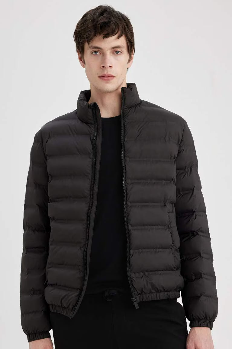 Slim Fit Stand Collar Jacket - - Black