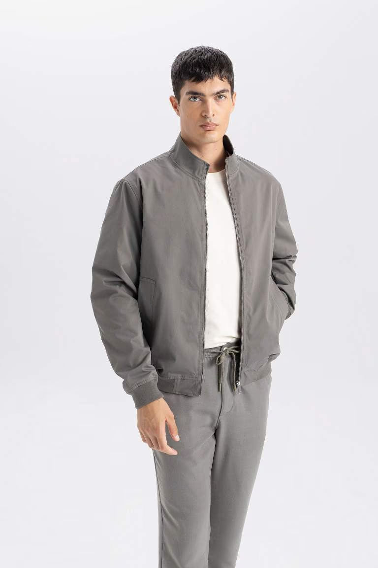 Slim Fit Stand Collar Zippered Jacket - - Gray