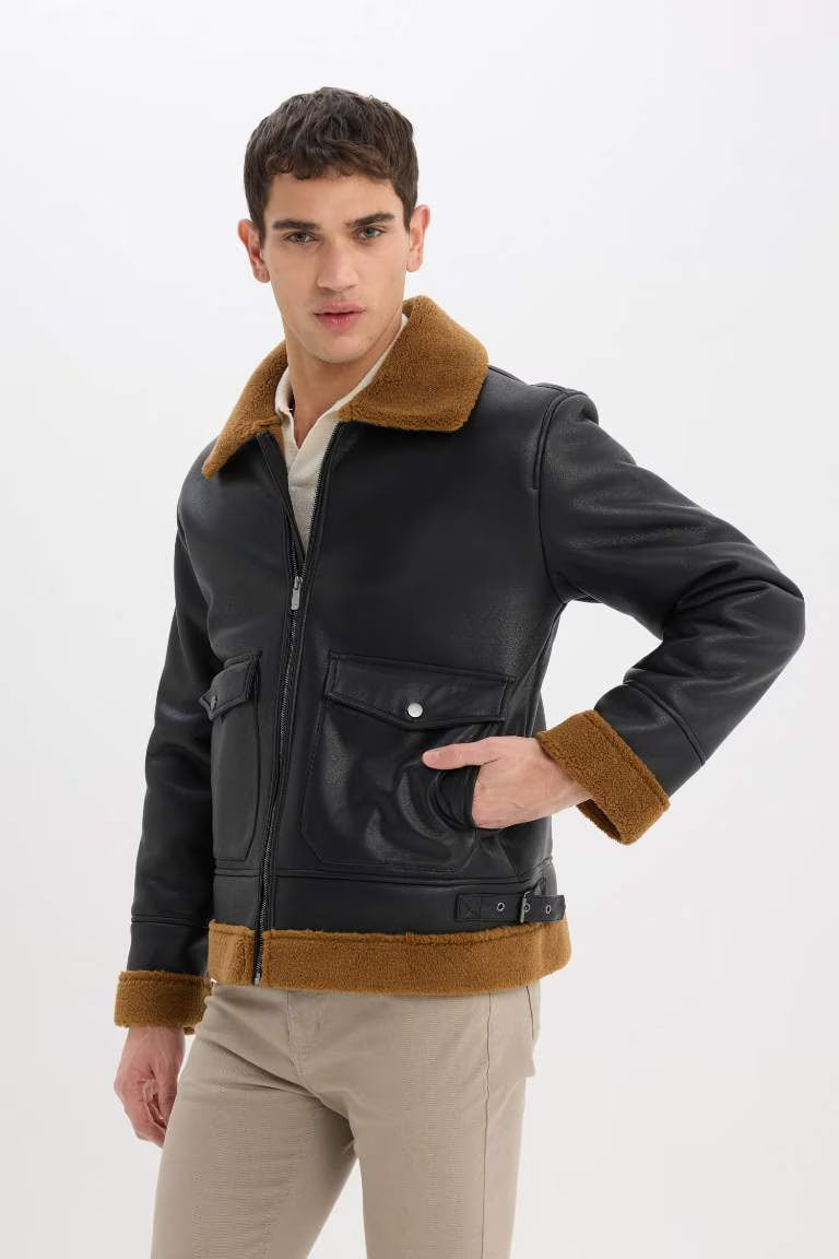 Slim Fit Polo Collar Faux Fur Lined Zippered Jacket - - Black