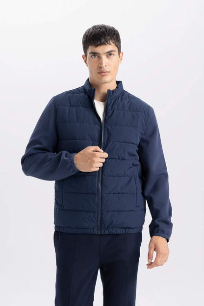Slim Fit Stand Collar Elastic and Zippered Waterproof Jacket - - Navy
