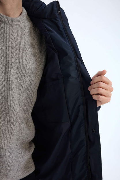 Regular Fit Hooded Zipper Snap Closure Puffer Jacket - -