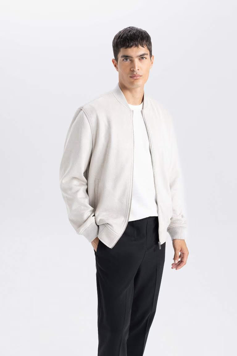 Slim Fit College Collar Zippered Suede Bomber Jacket - - Beige