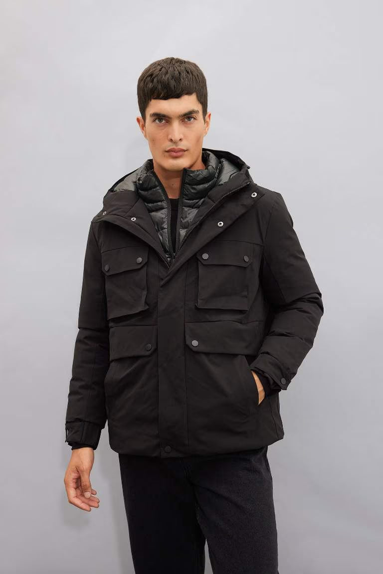 Slim Fit Hooded Waterproof Jacket - - Black