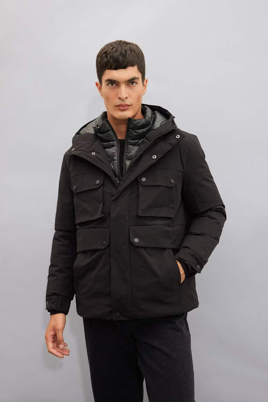 Slim Fit Hooded Waterproof Jacket - - Black