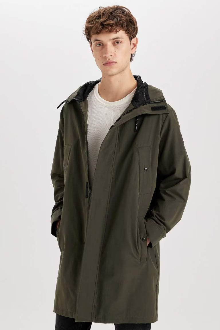 Waterproof Regular Fit Hooded Zippered Pocket Long Thin Raincoat - - Dark khaki