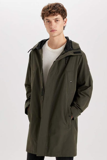 Waterproof Regular Fit Hooded Zippered Pocket Long Thin Raincoat - - Dark khaki